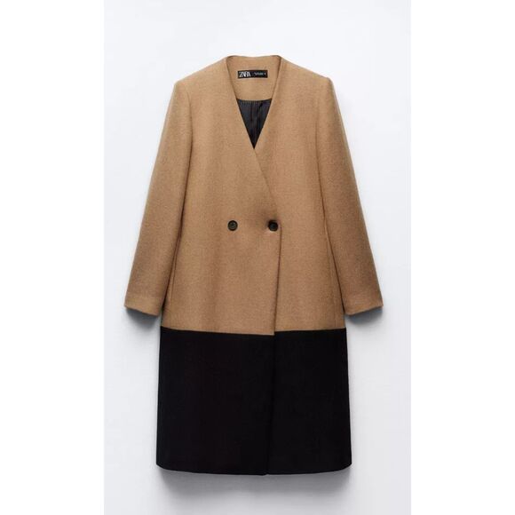 Camel Brown Black Zara Wool-Blend Double Breasted V-Neck Long Sleeve Coat (NWT) - Picture 1 of 11